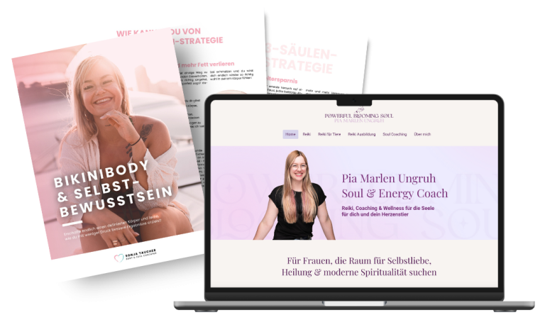 Laptopscreen mit Webseite und Dokumenten; die Hauptperson lächelt entspannt.