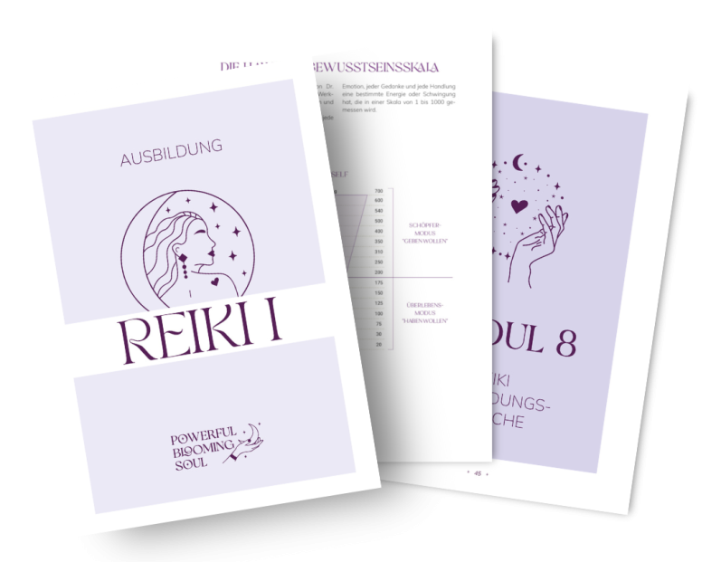 Workbook Design Drei Workbook Seiten mit lila Cover und Illustrationen, Titel "Reiki 1"